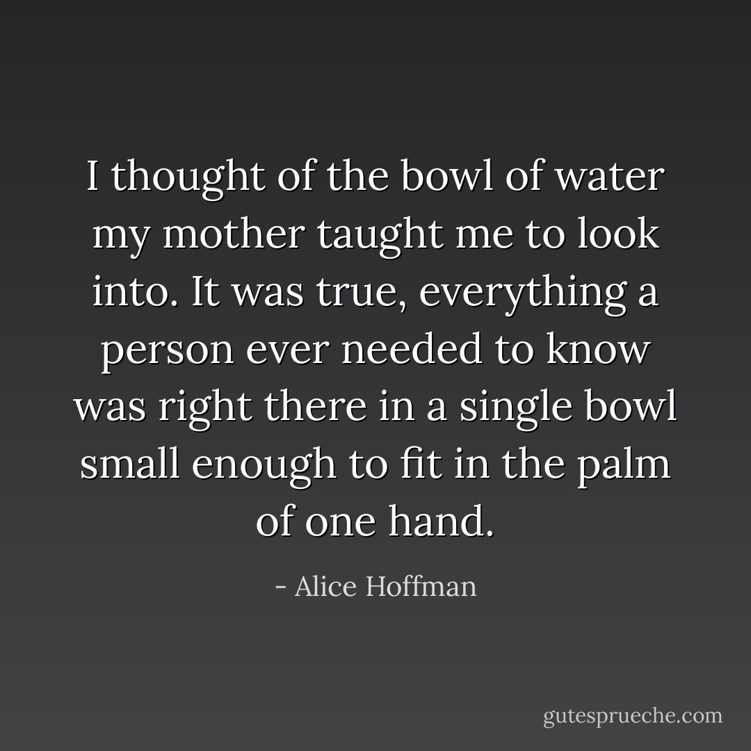 I thought of the bowl of water my mother taught me to look into. It was true, everything a person ever needed to know was right there in a single bowl small enough to fit in the palm of one hand. - Alice Hoffman
