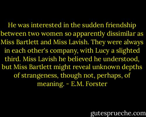 He was interested in the sudden friendship between two women so apparently dissimilar as Miss Bartlett and Miss Lavish. They were always in each other's company, with Lucy a slighted third. Miss Lavish he believed he understood, but Miss Bartlett might reveal unknown depths of strangeness, though not, perhaps, of meaning. - E.M. Forster