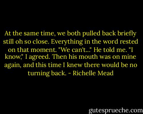 At the same time, we both pulled back briefly still oh so close. Everything in the word rested on that moment.<br />"We can't..." He told me.<br />"I know," I agreed.<br />Then his mouth was on mine again, and this time I knew there would be no turning back. - Richelle Mead