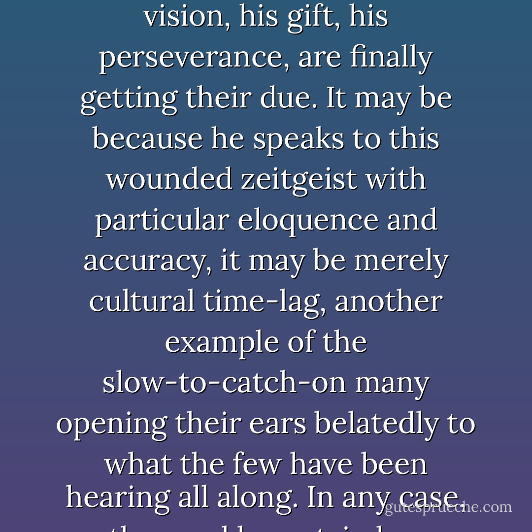 He was rowed down from the north in a leather skiff manned by a crew of trolls. His fur cape was caked with candle wax, his brow stained blue by wine - though the latter was seldom noticed due to the fox mask he wore at-all times. A quill in his teeth, a solitary teardrop a-squirm in his palm, he was the young poet prince of Montreal, handsome, immaculate, searching for sturdier doors to nail his poignant verses on. <br />In Manhattan, grit drifted into his ink bottle. In Vienna, his spice box exploded. On the Greek island of Hydra, Orpheus came to him at dawn astride a transparent donkey and restrung his cheap guitar. From that moment on, he shamelessly and willingly exposed himself to the contagion of music. To the secretly religious curiosity of the traveler was added the openly foolhardy dignity of the troubadour. By the time he returned to America, songs were working in him like bees in an attic. Connoisseurs developed cravings for his nocturnal honey, despite the fact that hearts were occasionally stung. <br /><br />Now, thirty years later, as society staggers towards the millennium - nailing and screeching at the while, like an orangutan with a steak knife in its side - Leonard Cohen, his vision, his gift, his perseverance, are finally getting their due. It may be because he speaks to this wounded zeitgeist with particular eloquence and accuracy, it may be merely cultural time-lag, another example of the slow-to-catch-on many opening their ears belatedly to what the few have been hearing all along. In any case, the sparkle curtain has shredded, the boogie-woogie gate has rocked loose from its hinges, and here sits L. Cohen at an altar in the garden, solemnly enjoying new-found popularity and expanded respect. <br /><br />From the beginning, his musical peers have recognized Cohen´s ability to establish succinct analogies among life´s realities, his talent for creating intimate relationships between the interior world of longing and language and the exterior world of trains and violins. Even those performers who have neither "covered" his compositions nor been overtly influenced by them have professed to admire their artfulness: the darkly delicious melodies - aural bouquets of gardenia and thistle - that bring to mind an electrified, de-Germanized Kurt Weill; the playfully (and therefore dangerously) mournful lyrics that can peel the apple of love and the peach of lust with a knife that cuts all the way to the mystery, a layer Cole Porter just could`t expose. It is their desire to honor L. Cohen, songwriter, that has prompted a delegation of our brightest artists to climb, one by one, joss sticks smoldering, the steep and salty staircase in the Tower of Song. - Tom Robbins
