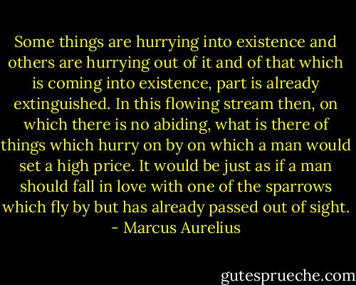 Some things are hurrying into existence and others are hurrying out of it and of that which is coming into existence, part is already extinguished. In this flowing stream then, on which there is no abiding, what is there of things which hurry on by on which a man would set a high price. It would be just as if a man should fall in love with one of the sparrows which fly by but has already passed out of sight. - Marcus Aurelius