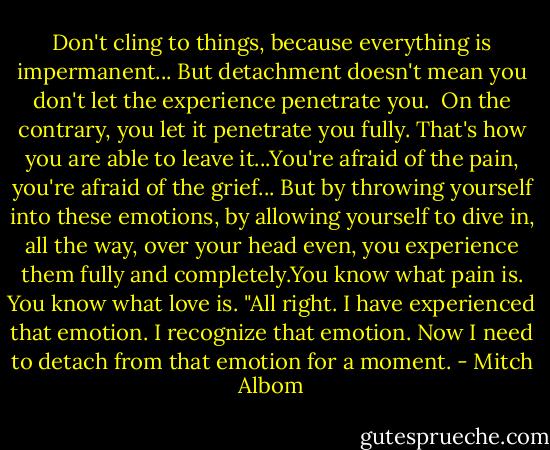 Don't cling to things, because everything is impermanent... But detachment doesn't mean you don't let the experience penetrate you. <br />On the contrary, you let it penetrate you fully. That's how you are able to leave it...You're afraid of the pain, you're afraid of the grief... But by throwing yourself into these emotions, by allowing yourself to dive in, all the way, over your head even, you experience them fully and completely.You know what pain is. You know what love is. "All right. I have experienced that emotion. I recognize that emotion. Now I need to detach from that emotion for a moment. - Mitch Albom
