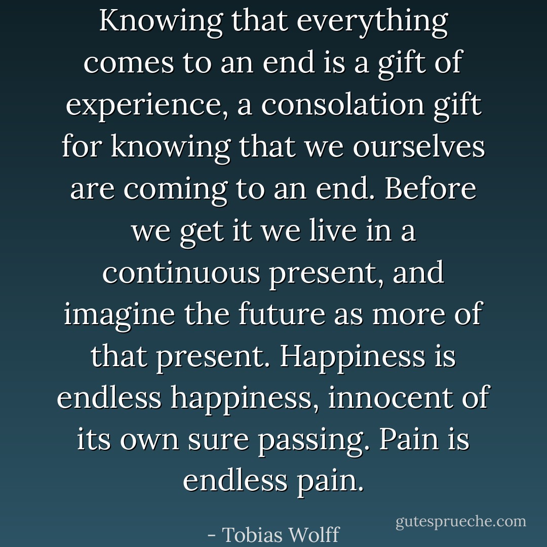 Knowing that everything comes to an end is a gift of experience, a consolation gift for knowing that we ourselves are coming to an end. Before we get it we live in a continuous present, and imagine the future as more of that present. Happiness is endless happiness, innocent of its own sure passing. Pain is endless pain. - Tobias Wolff