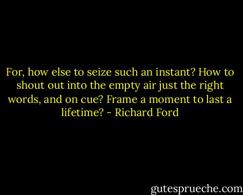 For, how else to seize such an instant? How to shout out into the empty air just the right words, and on cue? Frame a moment to last a lifetime? - Richard Ford