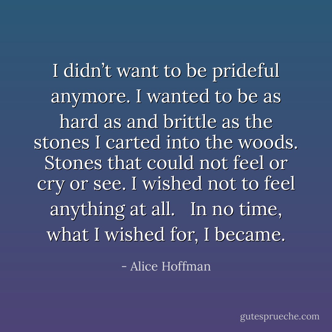 I didn’t want to be prideful anymore. I wanted to be as hard as and brittle as the stones I carted into the woods. Stones that could not feel or cry or see. I wished not to feel anything at all. <br /><br />In no time, what I wished for, I became. - Alice Hoffman