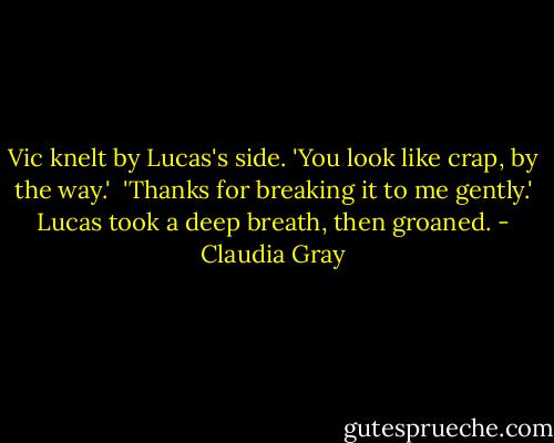 Vic knelt by Lucas's side. 'You look like crap, by the way.'<br /><br />'Thanks for breaking it to me gently.' Lucas took a deep breath, then groaned. - Claudia Gray