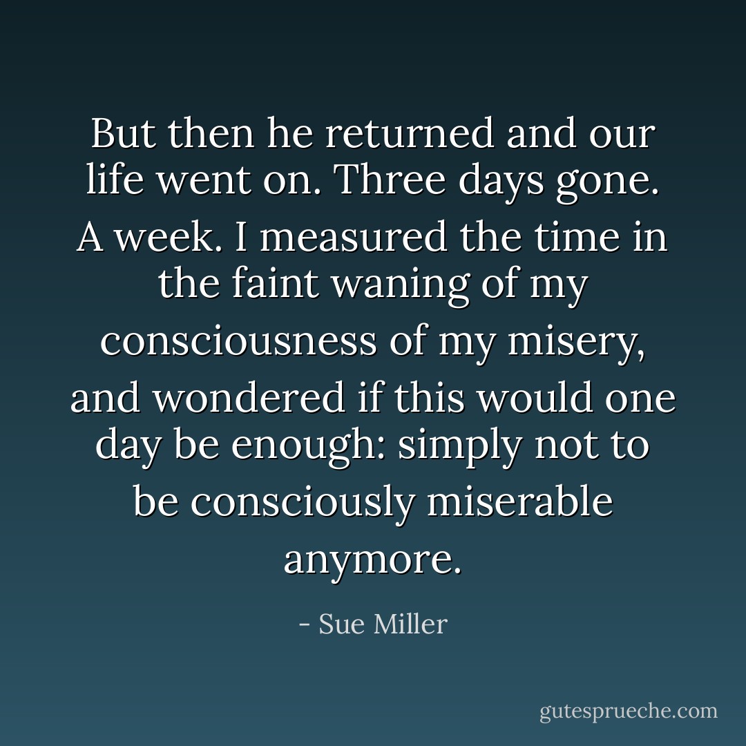 But then he returned and our life went on. Three days gone. A week. I measured the time in the faint waning of my consciousness of my misery, and wondered if this would one day be enough: simply not to be consciously miserable anymore. - Sue Miller