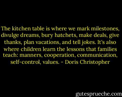 The kitchen table is where we mark milestones, divulge dreams, bury hatchets, make deals, give thanks, plan vacations, and tell jokes. It's also where children learn the lessons that families teach: manners, cooperation, communication, self-control, values. - Doris Christopher