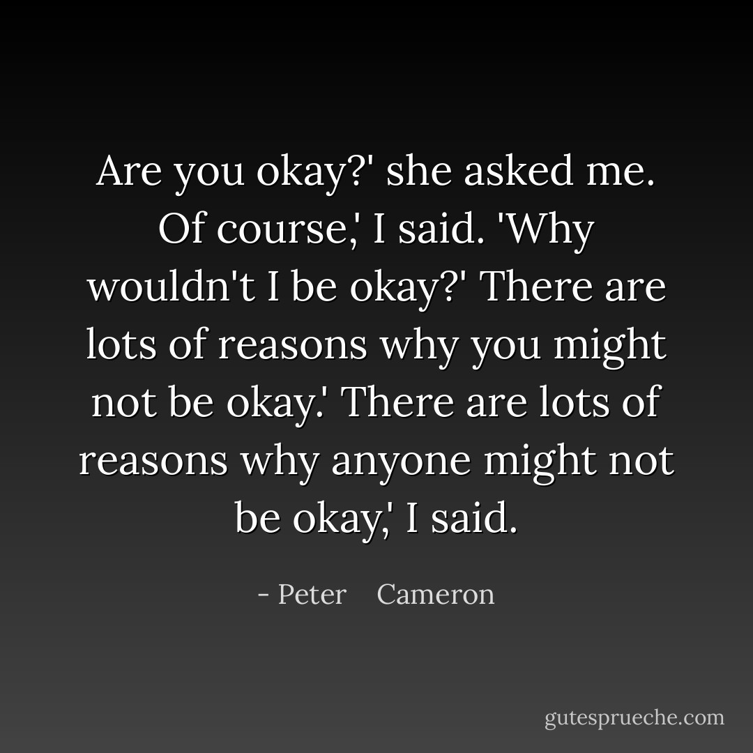 Are you okay?' she asked me.<br />Of course,' I said. 'Why wouldn't I be okay?'<br />There are lots of reasons why you might not be okay.'<br />There are lots of reasons why anyone might not be okay,' I said. - Peter    Cameron