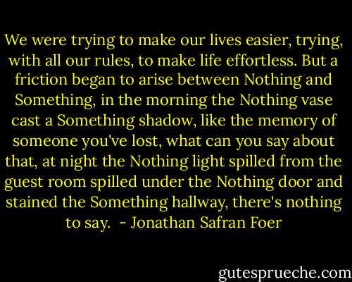 We were trying to make our lives easier, trying, with all our rules, to make life effortless. But a friction began to arise between Nothing and Something, in the morning the Nothing vase cast a Something shadow, like the memory of someone you've lost, what can you say about that, at night the Nothing light spilled from the guest room spilled under the Nothing door and stained the Something hallway, there's nothing to say.  - Jonathan Safran Foer