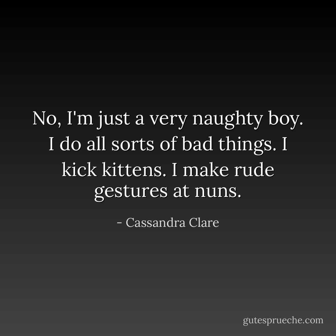 No, I'm just a very naughty boy. I do all sorts of bad things. I kick kittens. I make rude gestures at nuns. - Cassandra Clare