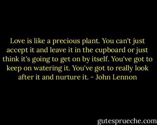 Love is like a precious plant. You can't just accept it and leave it in the cupboard or just think it's going to get on by itself. You've got to keep on watering it. You've got to really look after it and nurture it. - John Lennon