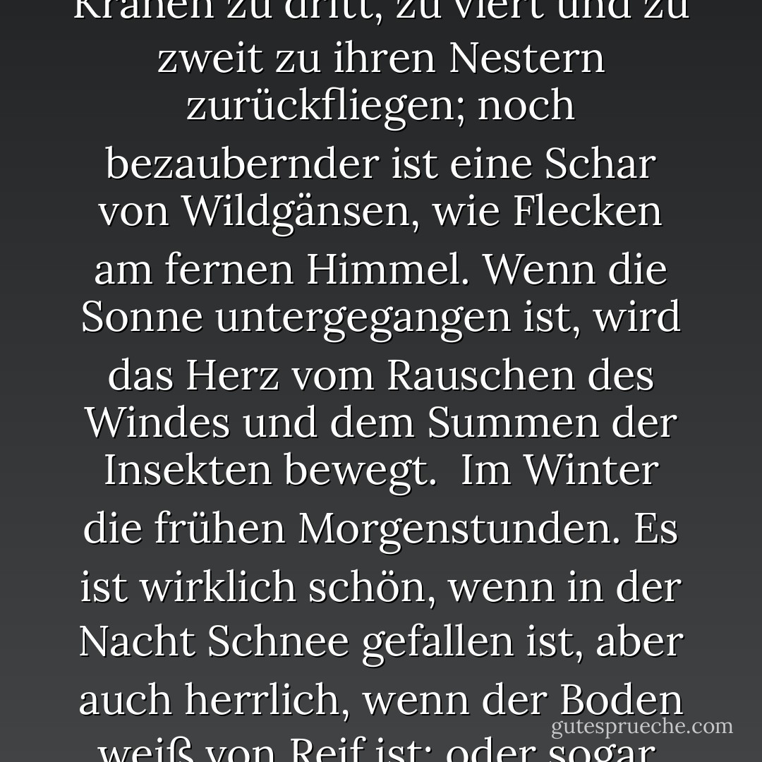  Im Frühling ist die Morgendämmerung am schönsten. Wenn das Licht über die Hügel kriecht, färben sich ihre Umrisse leicht rot und violette Wolkenfetzen ziehen über sie hinweg.<br /> Im Sommer die Nächte. Nicht nur, wenn der Mond scheint, sondern auch in dunklen Nächten, wenn die Glühwürmchen hin- und herflattern, und selbst wenn es regnet, wie schön ist das!<br /> Im Herbst die Abende, wenn die glitzernde Sonne dicht an den Rand der Hügel sinkt und die Krähen zu dritt, zu viert und zu zweit zu ihren Nestern zurückfliegen; noch bezaubernder ist eine Schar von Wildgänsen, wie Flecken am fernen Himmel. Wenn die Sonne untergegangen ist, wird das Herz vom Rauschen des Windes und dem Summen der Insekten bewegt.<br /> Im Winter die frühen Morgenstunden. Es ist wirklich schön, wenn in der Nacht Schnee gefallen ist, aber auch herrlich, wenn der Boden weiß von Reif ist; oder sogar, wenn es weder Schnee noch Reif gibt, sondern einfach nur sehr kalt ist und die Bediensteten von Zimmer zu Zimmer eilen, um die Feuer zu schüren und Holzkohle zu holen, wie gut das zur Stimmung der Jahreszeit passt! Aber wenn es auf den Mittag zugeht und die Kälte nachlässt, kümmert sich niemand mehr darum, die Feuerstellen in Gang zu halten, und bald bleibt nur noch ein Haufen weißer Asche übrig. - Sei Shōnagon<