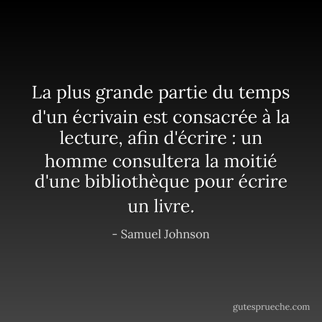 La plus grande partie du temps d'un écrivain est consacrée à la lecture, afin d'écrire : un homme consultera la moitié d'une bibliothèque pour écrire un livre. - Samuel Johnson