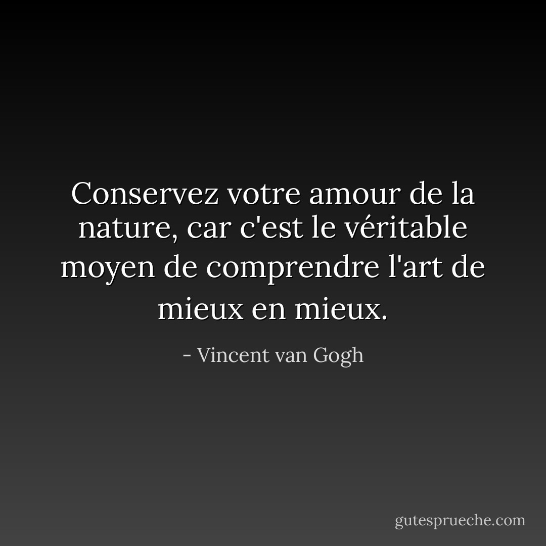 Conservez votre amour de la nature, car c'est le véritable moyen de comprendre l'art de mieux en mieux. - Vincent van Gogh