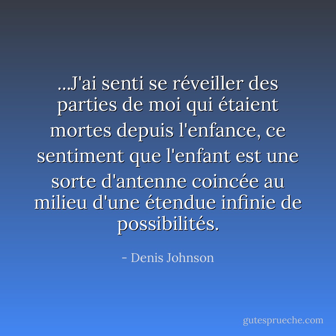 ...J'ai senti se réveiller des parties de moi qui étaient mortes depuis l'enfance, ce sentiment que l'enfant est une sorte d'antenne coincée au milieu d'une étendue infinie de possibilités. - Denis Johnson