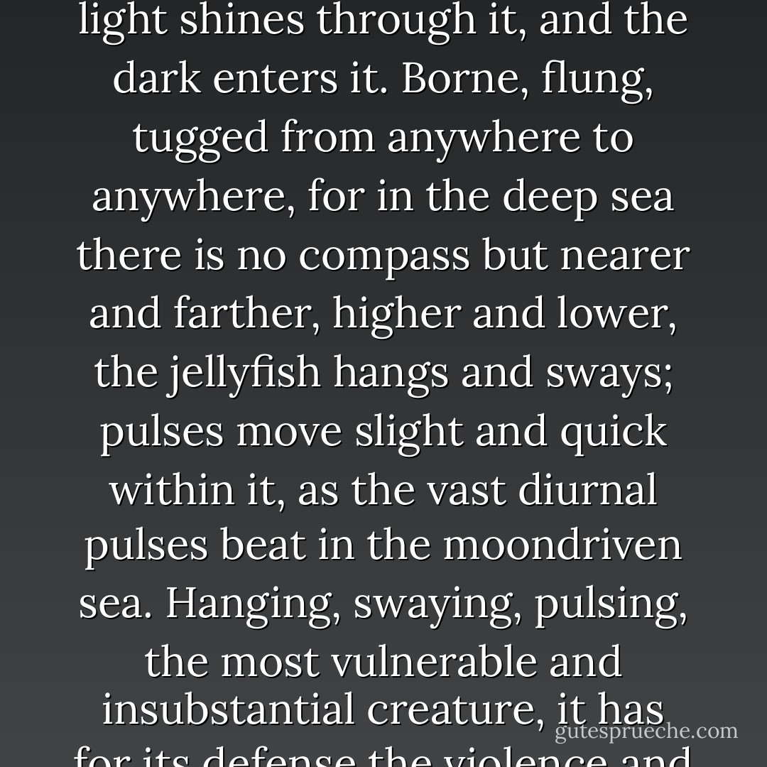 Current-borne, wave-flung, tugged hugely by the whole might of ocean, the jellyfish drifts in the tidal abyss. The light shines through it, and the dark enters it. Borne, flung, tugged from anywhere to anywhere, for in the deep sea there is no compass but nearer and farther, higher and lower, the jellyfish hangs and sways; pulses move slight and quick within it, as the vast diurnal pulses beat in the moondriven sea. Hanging, swaying, pulsing, the most vulnerable and insubstantial creature, it has for its defense the violence and power of the whole ocean, to which it has entrusted its being, its going, and its will. - Ursula K. Le Guin
