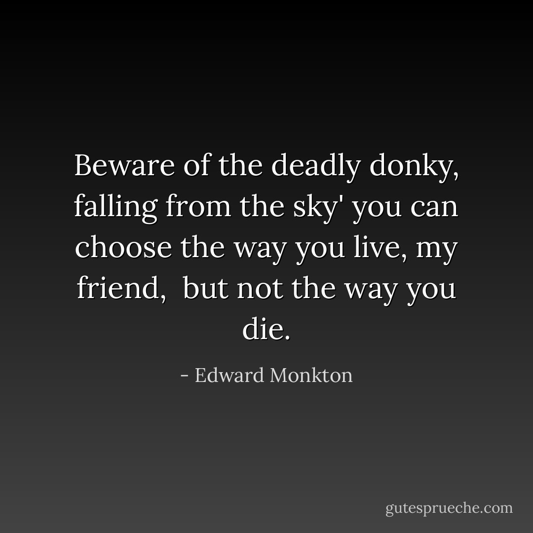 Beware of the deadly donky,<br />falling from the sky'<br />you can choose the way you live,<br />my friend, <br />but not the way you die. - Edward Monkton
