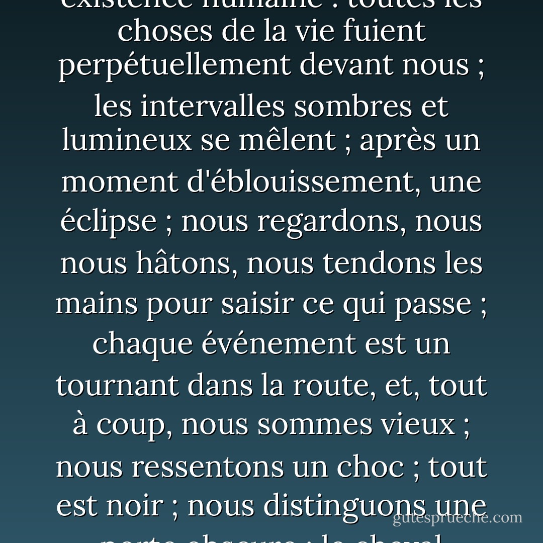 Voyager, c'est naître et mourir à chaque instant ; peut-être, dans le plus vague de son esprit, a-t-il fait des rapprochements entre l'horizon mouvant et notre existence humaine : toutes les choses de la vie fuient perpétuellement devant nous ; les intervalles sombres et lumineux se mêlent ; après un moment d'éblouissement, une éclipse ; nous regardons, nous nous hâtons, nous tendons les mains pour saisir ce qui passe ; chaque événement est un tournant dans la route, et, tout à coup, nous sommes vieux ; nous ressentons un choc ; tout est noir ; nous distinguons une porte obscure ; le cheval lugubre de la vie, qui nous attirait, s'arrête, et nous voyons une personne voilée et inconnue dételée au milieu des ombres. - Victor Hugo