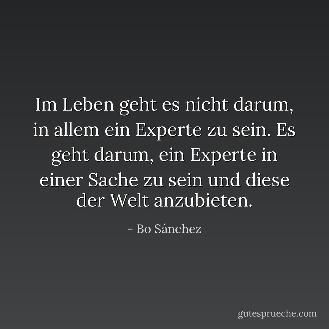 Im Leben geht es nicht darum, in allem ein Experte zu sein. Es geht darum, ein Experte in einer Sache zu sein und diese der Welt anzubieten. - Bo Sánchez<