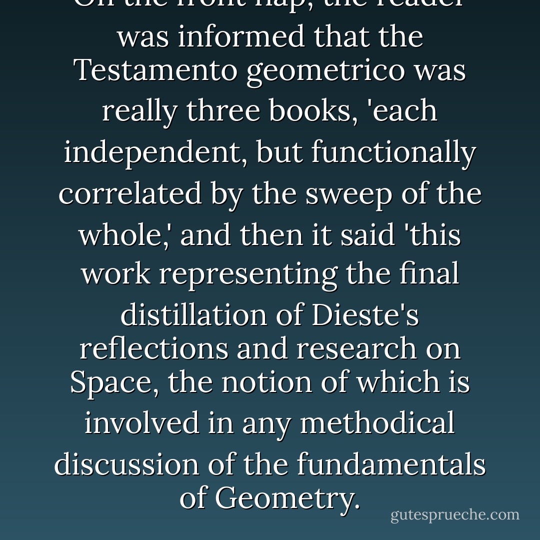 On the front flap, the reader was informed that the Testamento geometrico was really three books, 'each independent, but functionally correlated by the sweep of the whole,' and then it said 'this work representing the final distillation of Dieste's reflections and research on Space, the notion of which is involved in any methodical discussion of the fundamentals of Geometry. - Roberto Bolaño