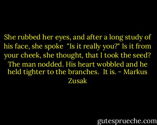 She rubbed her eyes, and after a long study of his face, she spoke<br /> "Is it really you?"<br />Is it from your cheek, she thought, that I took the seed?<br />The man nodded.<br />His heart wobbled and he held tighter to the branches. <br />It is. - Markus Zusak
