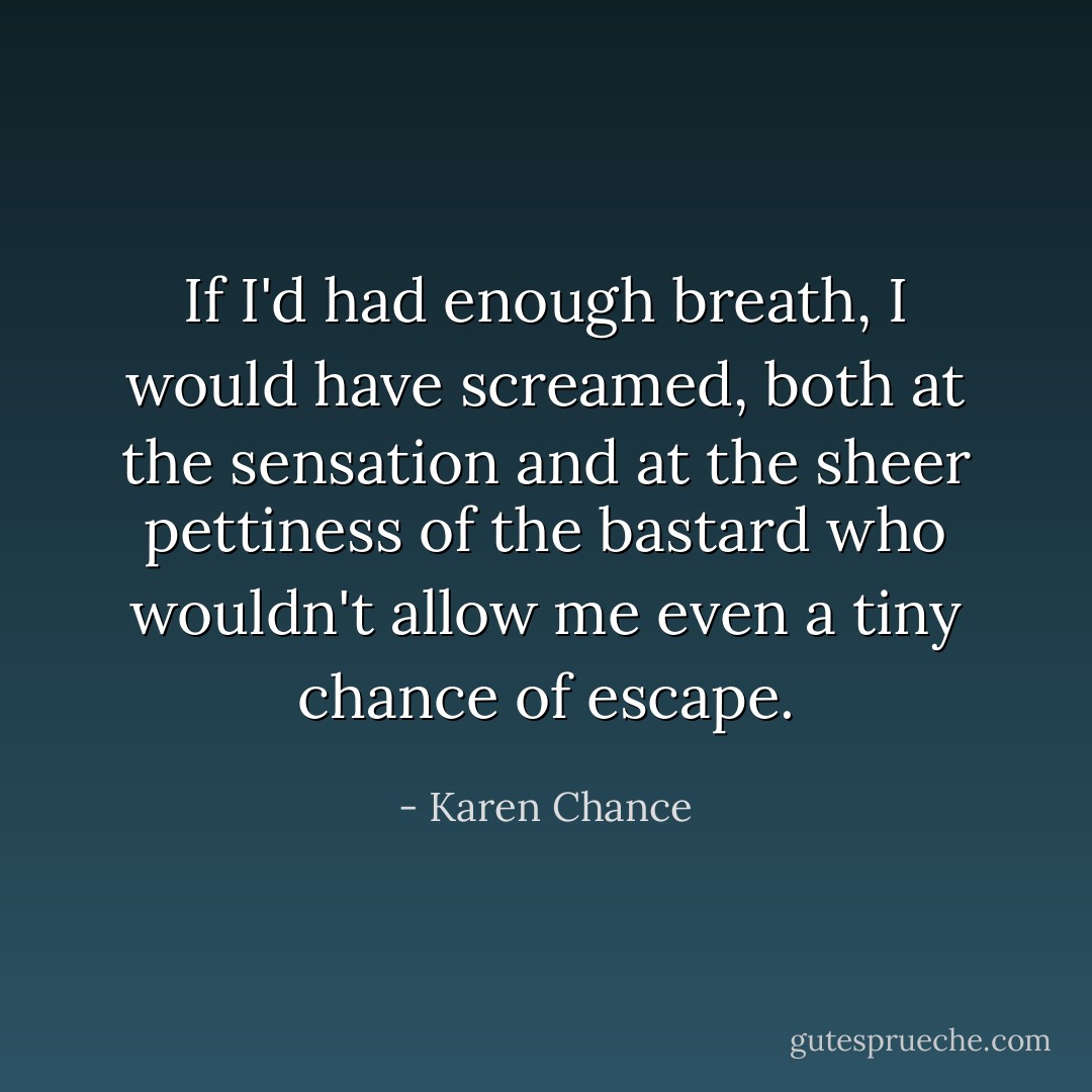 If I'd had enough breath, I would have screamed, both at the sensation and at the sheer pettiness of the bastard who wouldn't allow me even a tiny chance of escape. - Karen Chance
