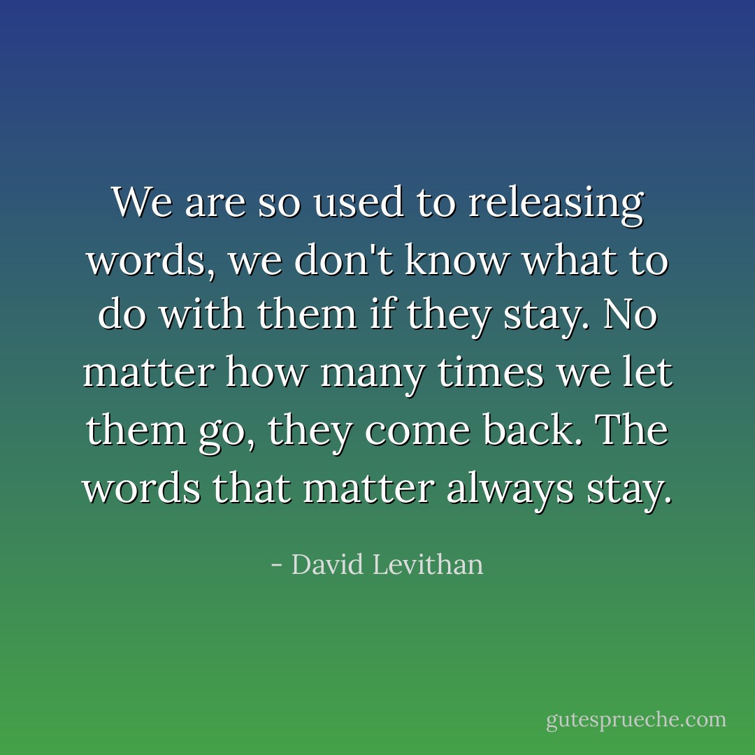 We are so used to releasing words, we don't know what to do with them if they stay. No matter how many times we let them go, they come back. The words that matter always stay. - David Levithan