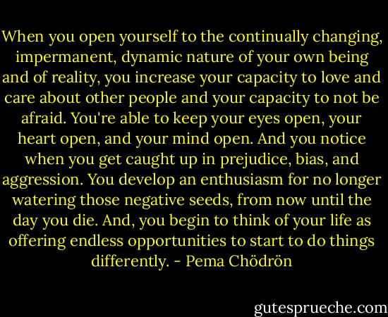When you open yourself to the continually changing, impermanent, dynamic nature of your own being and of reality, you increase your capacity to love and care about other people and your capacity to not be afraid. You're able to keep your eyes open, your heart open, and your mind open. And you notice when you get caught up in prejudice, bias, and aggression. You develop an enthusiasm for no longer watering those negative seeds, from now until the day you die. And, you begin to think of your life as offering endless opportunities to start to do things differently. - Pema Chödrön