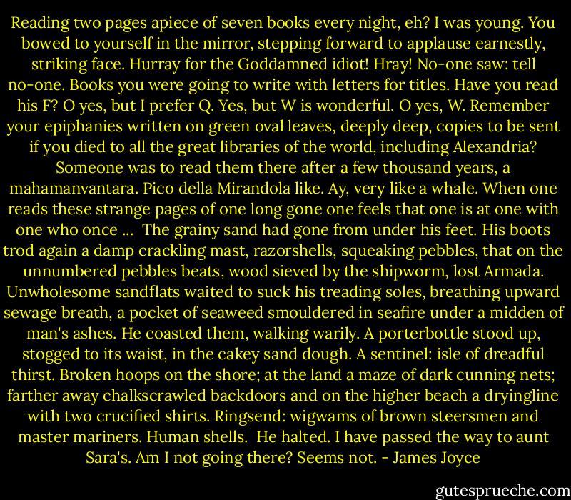 Reading two pages apiece of seven books every night, eh? I was young. You bowed to yourself in the mirror, stepping forward to applause earnestly, striking face. Hurray for the Goddamned idiot! Hray! No-one saw: tell no-one. Books you were going to write with letters for titles. Have you read his F? O yes, but I prefer Q. Yes, but W is wonderful. O yes, W. Remember your epiphanies written on green oval leaves, deeply deep, copies to be sent if you died to all the great libraries of the world, including Alexandria? Someone was to read them there after a few thousand years, a mahamanvantara. Pico della Mirandola like. Ay, very like a whale. When one reads these strange pages of one long gone one feels that one is at one with one who once ...<br /><br />The grainy sand had gone from under his feet. His boots trod again a damp crackling mast, razorshells, squeaking pebbles, that on the unnumbered pebbles beats, wood sieved by the shipworm, lost Armada. Unwholesome sandflats waited to suck his treading soles, breathing upward sewage breath, a pocket of seaweed smouldered in seafire under a midden of man's ashes. He coasted them, walking warily. A porterbottle stood up, stogged to its waist, in the cakey sand dough. A sentinel: isle of dreadful thirst. Broken hoops on the shore; at the land a maze of dark cunning nets; farther away chalkscrawled backdoors and on the higher beach a dryingline with two crucified shirts. Ringsend: wigwams of brown steersmen and master mariners. Human shells.<br /><br />He halted. I have passed the way to aunt Sara's. Am I not going there? Seems not. - James Joyce