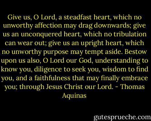 Give us, O Lord, a steadfast heart, which no unworthy affection may drag downwards; give us an unconquered heart, which no tribulation can wear out; give us an upright heart, which no unworthy purpose may tempt aside. Bestow upon us also, O Lord our God, understanding to know you, diligence to seek you, wisdom to find you, and a faithfulness that may finally embrace you; through Jesus Christ our Lord. - Thomas Aquinas