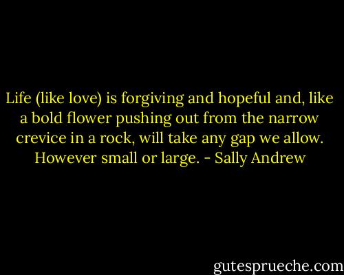 Life (like love) is forgiving and hopeful and, like a bold flower pushing out from the narrow crevice in a rock, will take any gap we allow. However small or large. - Sally Andrew