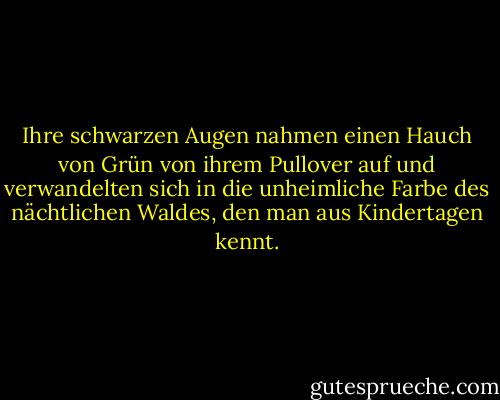 Ihre schwarzen Augen nahmen einen Hauch von Grün von ihrem Pullover auf und verwandelten sich in die unheimliche Farbe des nächtlichen Waldes, den man aus Kindertagen kennt. - Darian North<