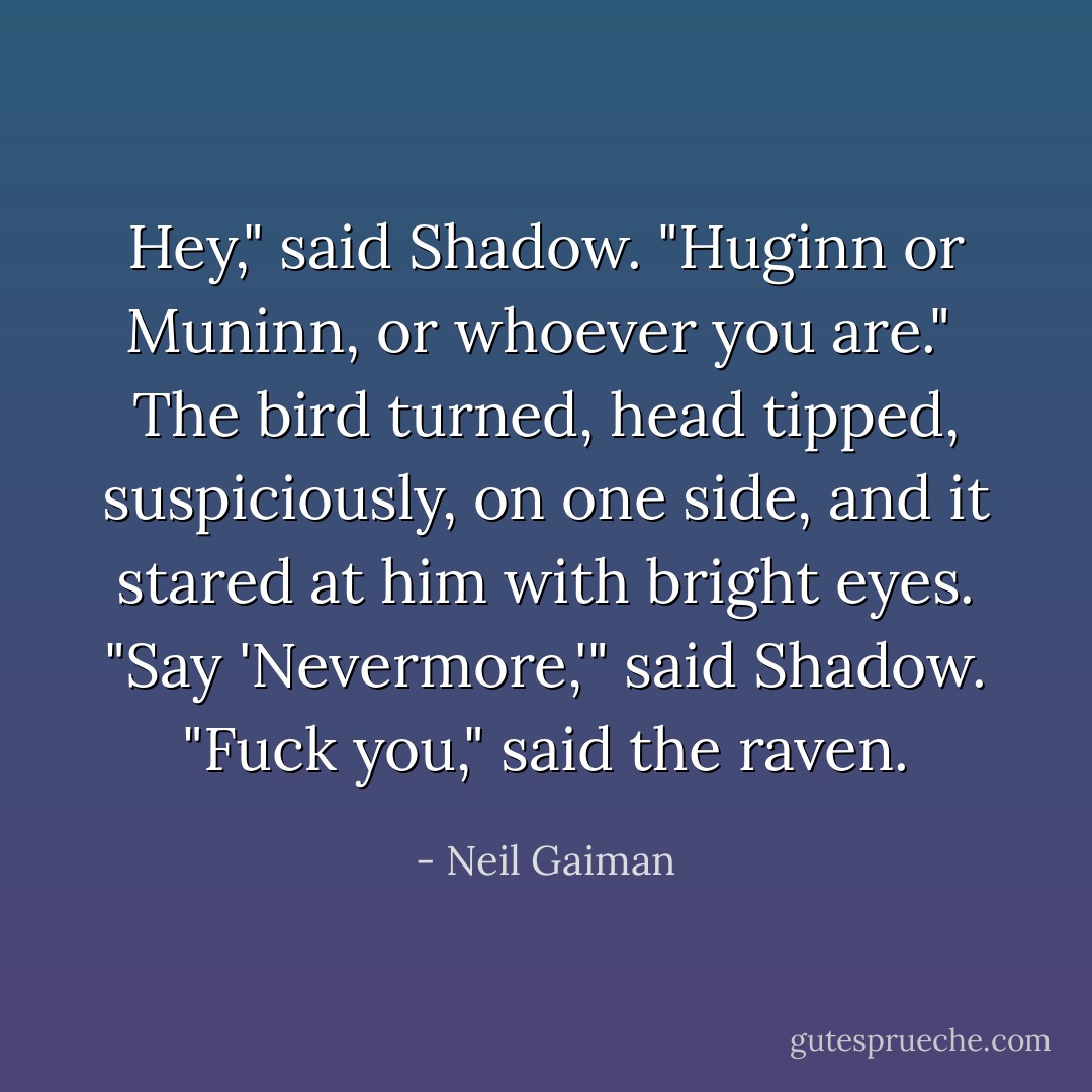 Hey," said Shadow. "Huginn or Muninn, or whoever you are." <br />The bird turned, head tipped, suspiciously, on one side, and it stared at him with bright eyes.<br />"Say 'Nevermore,'" said Shadow.<br />"Fuck you," said the raven. - Neil Gaiman