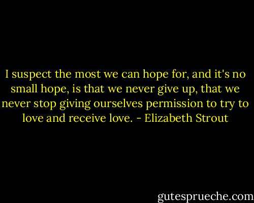 I suspect the most we can hope for, and it's no small hope, is that we never give up, that we never stop giving ourselves permission to try to love and receive love. - Elizabeth Strout