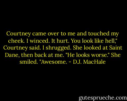 Courtney came over to me and touched my cheek. I winced. It hurt.<br />You look like hell," Courtney said.<br />I shrugged.<br />She looked at Saint Dane, then back at me. "He looks worse." She smiled. "Awesome. - D.J. MacHale