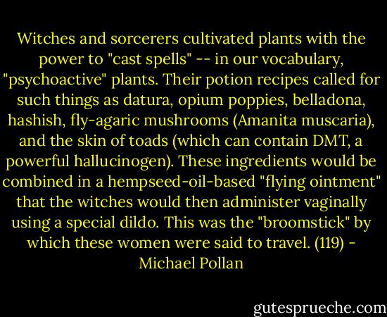 Witches and sorcerers cultivated plants with the power to "cast spells" -- in our vocabulary, "psychoactive" plants. Their potion recipes called for such things as datura, opium poppies, belladona, hashish, fly-agaric mushrooms (Amanita muscaria), and the skin of toads (which can contain DMT, a powerful hallucinogen). These ingredients would be combined in a hempseed-oil-based "flying ointment" that the witches would then administer vaginally using a special dildo. This was the "broomstick" by which these women were said to travel. (119) - Michael Pollan