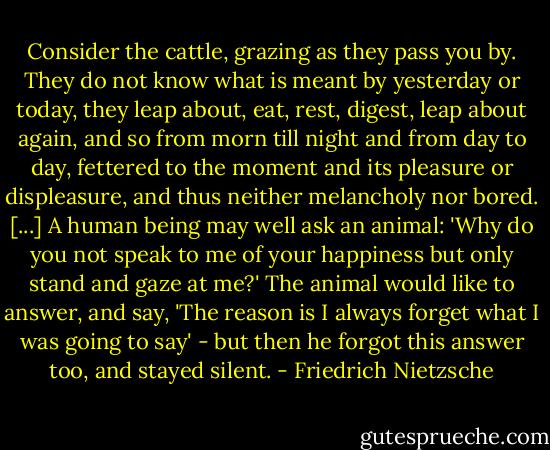 Consider the cattle, grazing as they pass you by. They do not know what is meant by yesterday or today, they leap about, eat, rest, digest, leap about again, and so from morn till night and from day to day, fettered to the moment and its pleasure or displeasure, and thus neither melancholy nor bored. [...] A human being may well ask an animal: 'Why do you not speak to me of your happiness but only stand and gaze at me?' The animal would like to answer, and say, 'The reason is I always forget what I was going to say' - but then he forgot this answer too, and stayed silent. - Friedrich Nietzsche