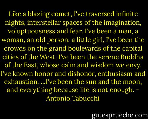 Like a blazing comet, I've traversed infinite nights, interstellar spaces of the imagination, voluptuousness and fear. I've been a man, a woman, an old person, a little girl, I've been the crowds on the grand boulevards of the capital cities of the West, I've been the serene Buddha of the East, whose calm and wisdom we envy. I've known honor and dishonor, enthusiasm and exhaustion.<br />...I've been the sun and the moon, and everything because life is not enough. - Antonio Tabucchi