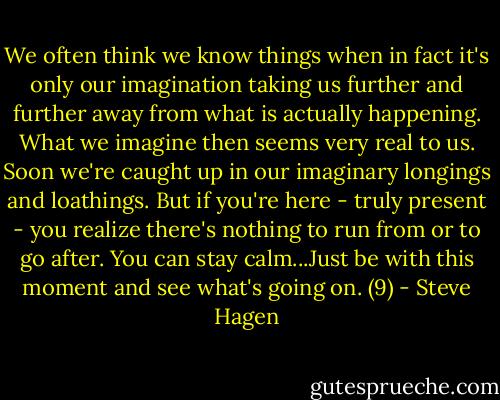 We often think we know things when in fact it's only our imagination taking us further and further away from what is actually happening. What we imagine then seems very real to us. Soon we're caught up in our imaginary longings and loathings. But if you're here - truly present - you realize there's nothing to run from or to go after. You can stay calm...Just be with this moment and see what's going on. (9) - Steve Hagen