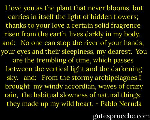 I love you as the plant that never blooms <br />but carries in itself the light of hidden flowers; <br />thanks to your love a certain solid fragrence <br />risen from the earth, lives darkly in my body. <br /><br />and: <br /><br />No one can stop the river of your hands, <br />your eyes and their sleepiness, my dearest. <br />You are the trembling of time, which passes <br />between the vertical light and the darkening sky. <br /><br />and: <br /><br />From the stormy archipelagoes I brought <br />my windy accordian, waves of crazy rain, <br />the habitual slowness of natural things: <br />they made up my wild heart. - Pablo Neruda