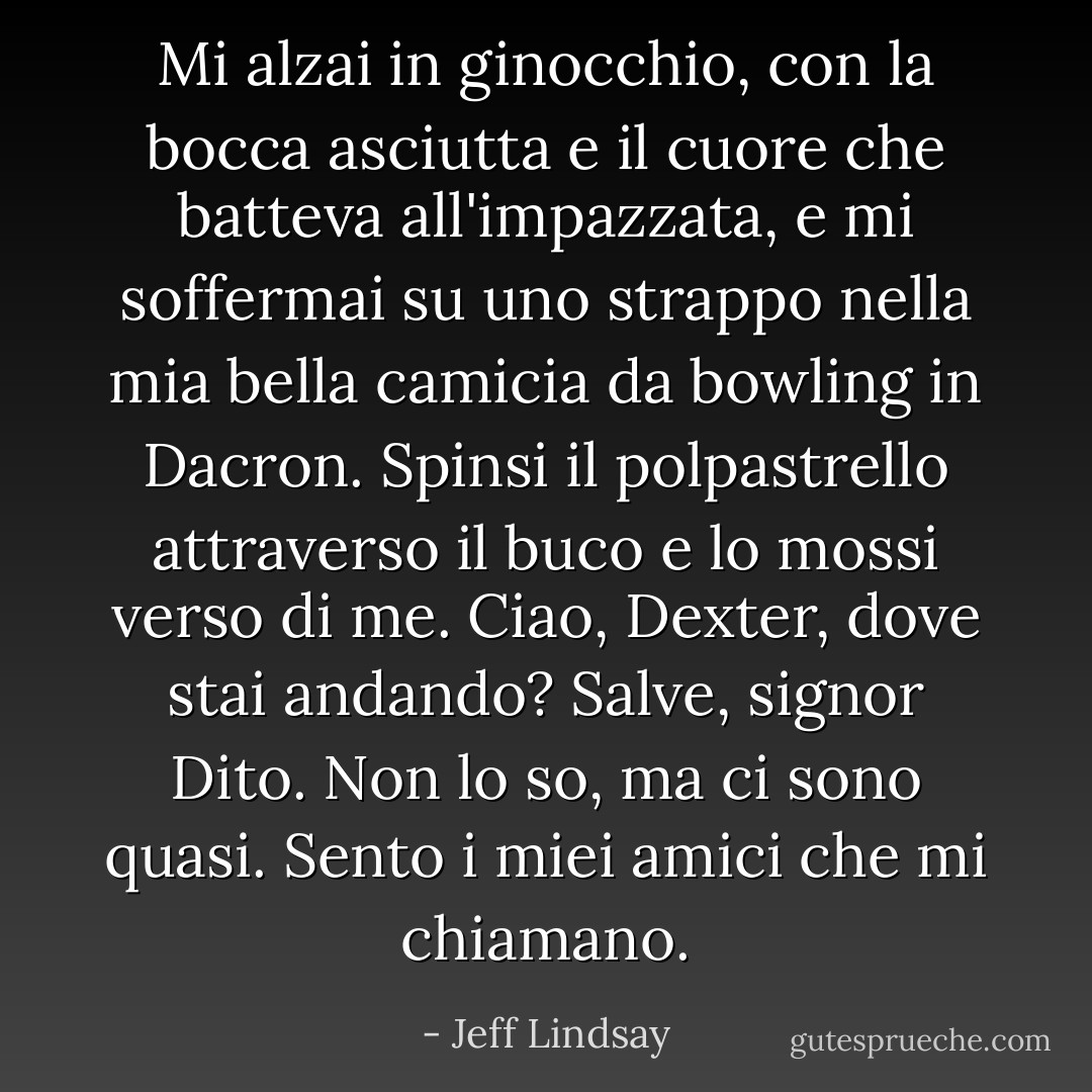 Mi alzai in ginocchio, con la bocca asciutta e il cuore che batteva all'impazzata, e mi soffermai su uno strappo nella mia bella camicia da bowling in Dacron. Spinsi il polpastrello attraverso il buco e lo mossi verso di me. Ciao, Dexter, dove stai andando? Salve, signor Dito. Non lo so, ma ci sono quasi. Sento i miei amici che mi chiamano. - Jeff Lindsay