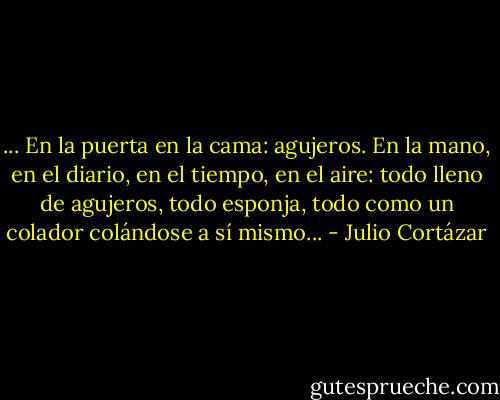 ... En la puerta en la cama: agujeros. En la mano, en el diario, en el tiempo, en el aire: todo lleno de agujeros, todo esponja, todo como un colador colándose a sí mismo... - Julio Cortázar