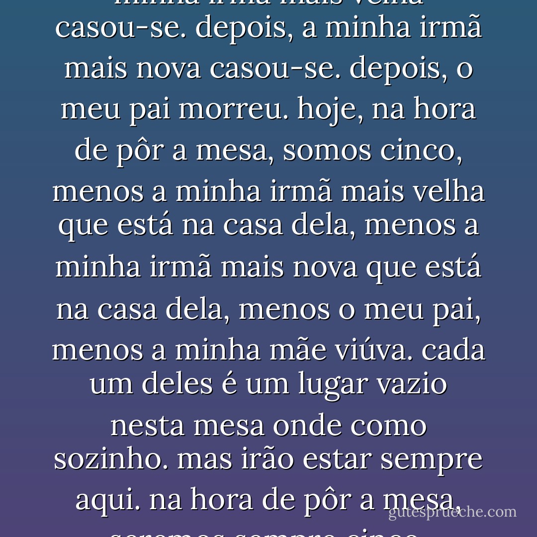 na hora de pôr a mesa, éramos cinco:<br />o meu pai, a minha mãe, as minhas irmãs<br />e eu. depois, a minha irmã mais velha<br />casou-se. depois, a minha irmã mais nova<br />casou-se. depois, o meu pai morreu. hoje,<br />na hora de pôr a mesa, somos cinco,<br />menos a minha irmã mais velha que está<br />na casa dela, menos a minha irmã mais<br />nova que está na casa dela, menos o meu<br />pai, menos a minha mãe viúva. cada um<br />deles é um lugar vazio nesta mesa onde<br />como sozinho. mas irão estar sempre aqui.<br />na hora de pôr a mesa, seremos sempre cinco.<br />enquanto um de nós estiver vivo, seremos<br />sempre cinco - José Luís Peixoto