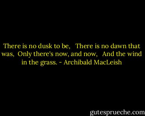 There is no dusk to be, <br /> There is no dawn that was, <br />Only there's now, and now, <br /> And the wind in the grass. - Archibald MacLeish