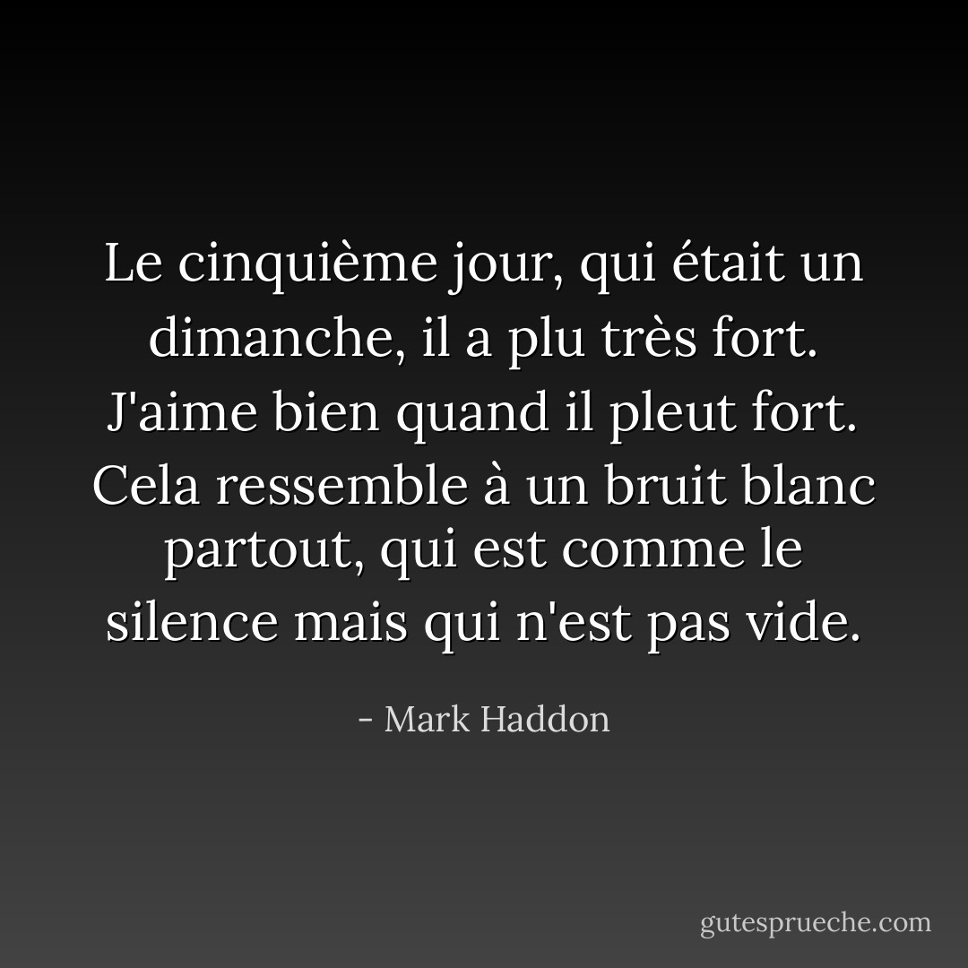 Le cinquième jour, qui était un dimanche, il a plu très fort. J'aime bien quand il pleut fort. Cela ressemble à un bruit blanc partout, qui est comme le silence mais qui n'est pas vide. - Mark Haddon