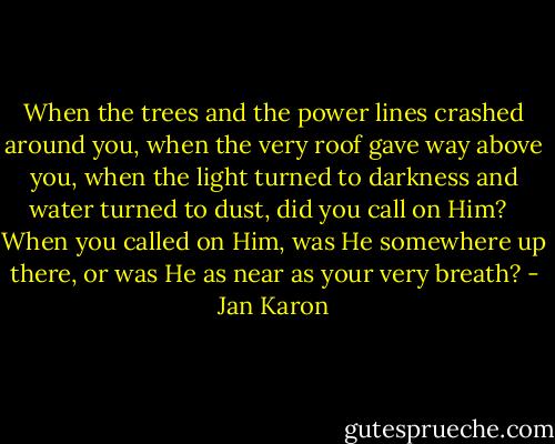 When the trees and the power lines crashed around you, when the very roof gave way above you, when the light turned to darkness and water turned to dust, did you call on Him? <br /><br />When you called on Him, was He somewhere up there, or was He as near as your very breath? - Jan Karon