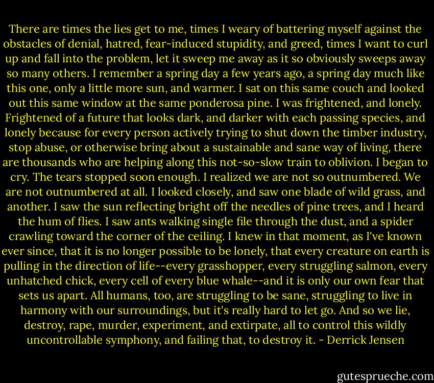 There are times the lies get to me, times I weary of battering myself against the obstacles of denial, hatred, fear-induced stupidity, and greed, times I want to curl up and fall into the problem, let it sweep me away as it so obviously sweeps away so many others. I remember a spring day a few years ago, a spring day much like this one, only a little more sun, and warmer. I sat on this same couch and looked out this same window at the same ponderosa pine.<br />I was frightened, and lonely. Frightened of a future that looks dark, and darker with each passing species, and lonely because for every person actively trying to shut down the timber industry, stop abuse, or otherwise bring about a sustainable and sane way of living, there are thousands who are helping along this not-so-slow train to oblivion. I began to cry.<br />The tears stopped soon enough. I realized we are not so outnumbered. We are not outnumbered at all. I looked closely, and saw one blade of wild grass, and another. I saw the sun reflecting bright off the needles of pine trees, and I heard the hum of flies. I saw ants walking single file through the dust, and a spider crawling toward the corner of the ceiling. I knew in that moment, as I've known ever since, that it is no longer possible to be lonely, that every creature on earth is pulling in the direction of life--every grasshopper, every struggling salmon, every unhatched chick, every cell of every blue whale--and it is only our own fear that sets us apart. All humans, too, are struggling to be sane, struggling to live in harmony with our surroundings, but it's really hard to let go. And so we lie, destroy, rape, murder, experiment, and extirpate, all to control this wildly uncontrollable symphony, and failing that, to destroy it. - Derrick Jensen
