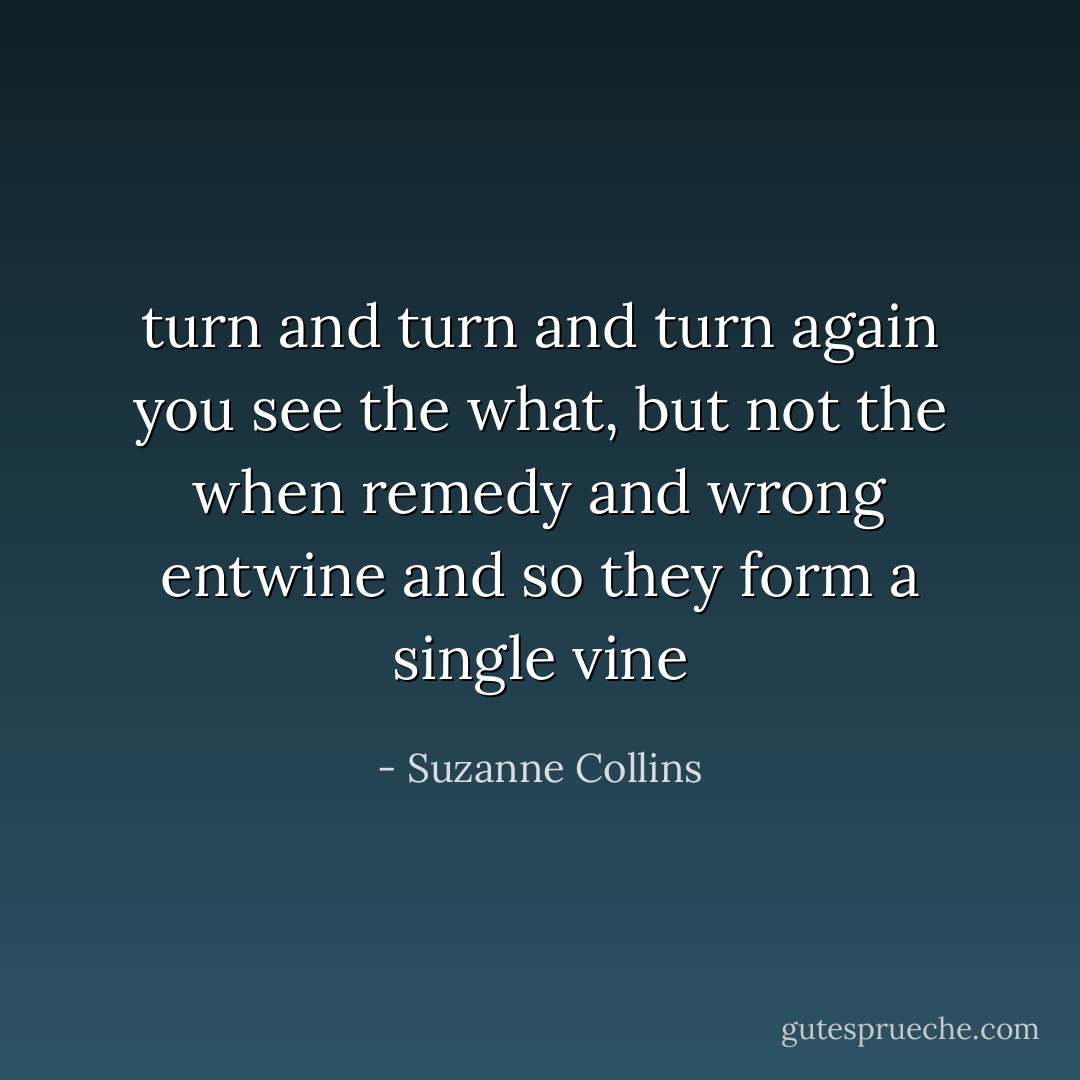 turn and turn and turn again<br />you see the what, but not the when<br />remedy and wrong entwine<br />and so they form a single vine - Suzanne Collins