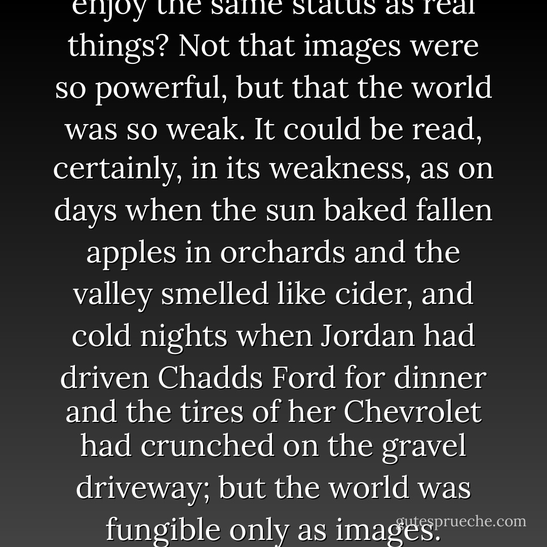 She wondered: How could people respond to these images if images didn't secretly enjoy the same status as real things? Not that images were so powerful, but that the world was so weak. It could be read, certainly, in its weakness, as on days when the sun baked fallen apples in orchards and the valley smelled like cider, and cold nights when Jordan had driven Chadds Ford for dinner and the tires of her Chevrolet had crunched on the gravel driveway; but the world was fungible only as images. Nothing got inside the head without becoming pictures. - Jonathan Franzen